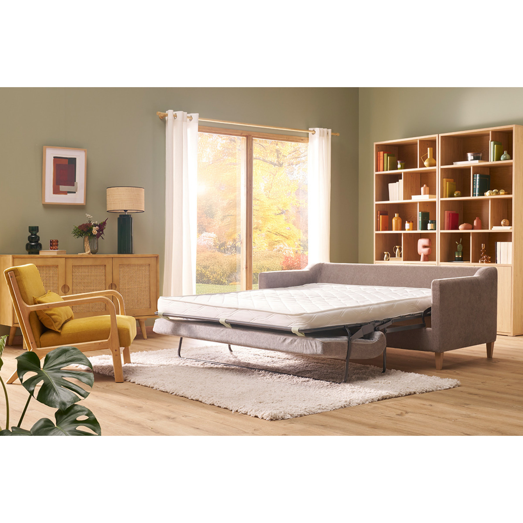 Canapé convertible scandinave 3 places en tissu effet velours taupe et bois clair LOUISE