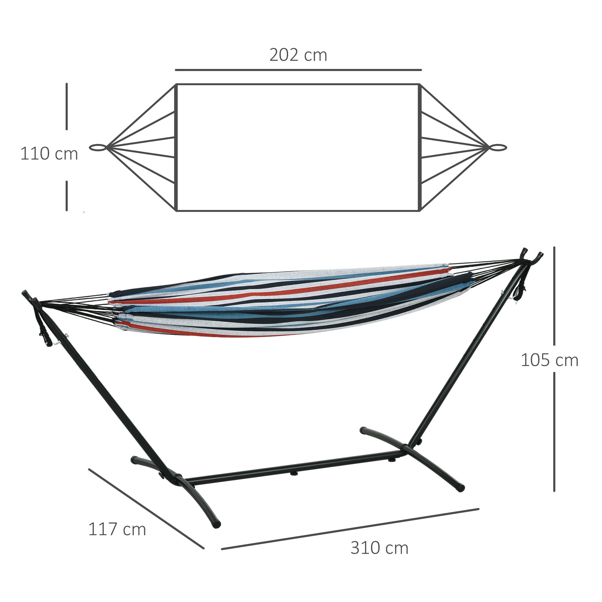 Hamaca con Soporte 310x117 cm Hamaca de Camping con Bolsa de Transporte Portátil Altura Ajustable Carga 120 kg para Patio Terraza Rayas Azul y Blanco