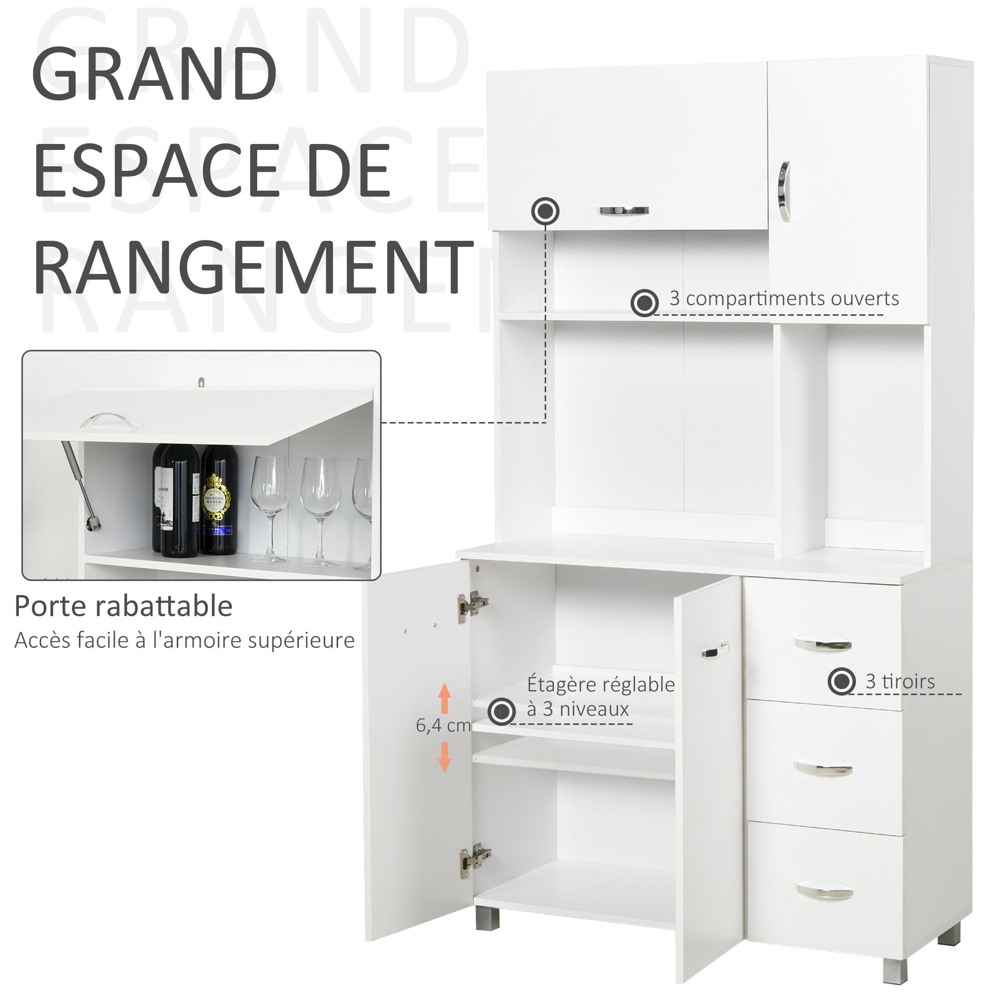 HOMCOM Armoire de cuisine multi-rangements 4 portes 3 tiroirs étagère + grand plateau 100L x 39l x 183H cm MDF blanc