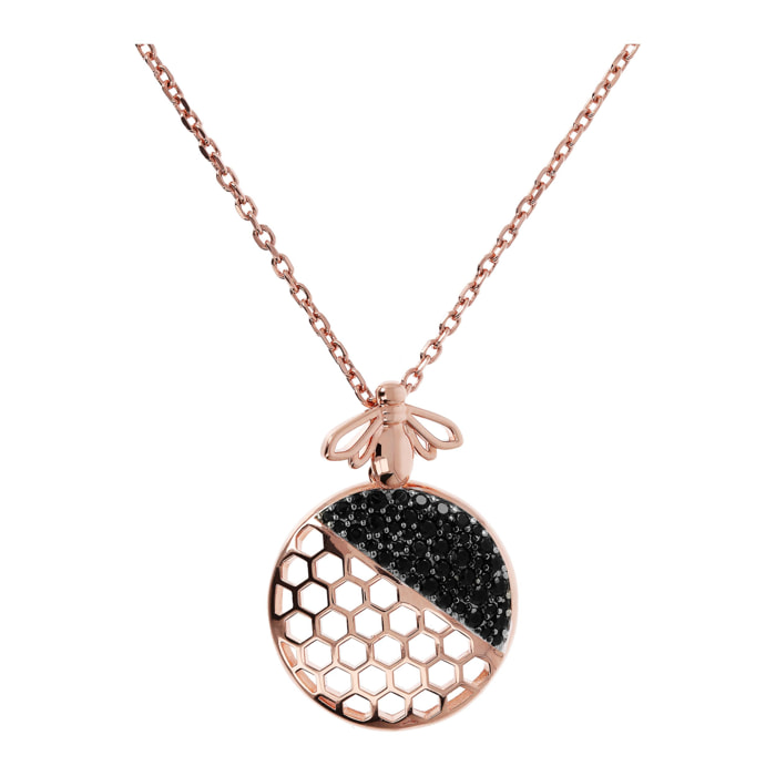 Collana Pendente Ape Alveare con Pavé in Spinello Nero Placcata Oro Rosa 18kt