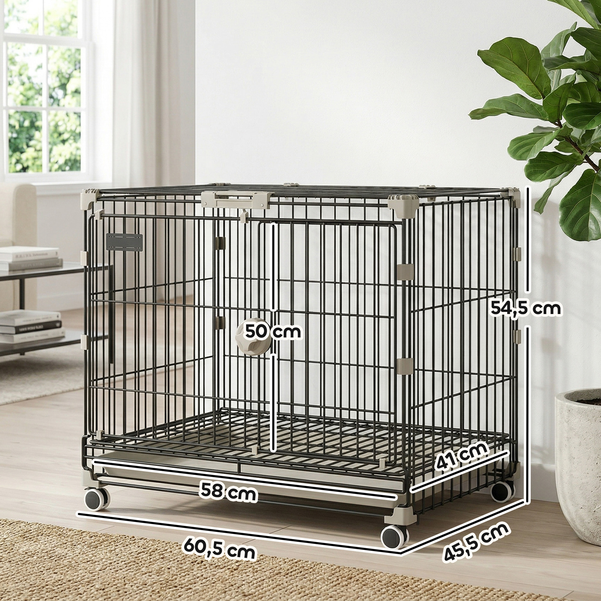 Cage pour Chien Pliable, Plateau Amovible, Roues avec Freins, Toit Ouvrant Verrouillable, Porte de Nourrissage, Niche Chien Interieur pour Petits et Moyens Chiens, 60,5x45,5x54,5cm, Noir