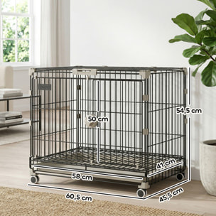 Cage pour Chien Pliable, Plateau Amovible, Roues avec Freins, Toit Ouvrant Verrouillable, Porte de Nourrissage, Niche Chien Interieur pour Petits et Moyens Chiens, 60,5x45,5x54,5cm, Noir
