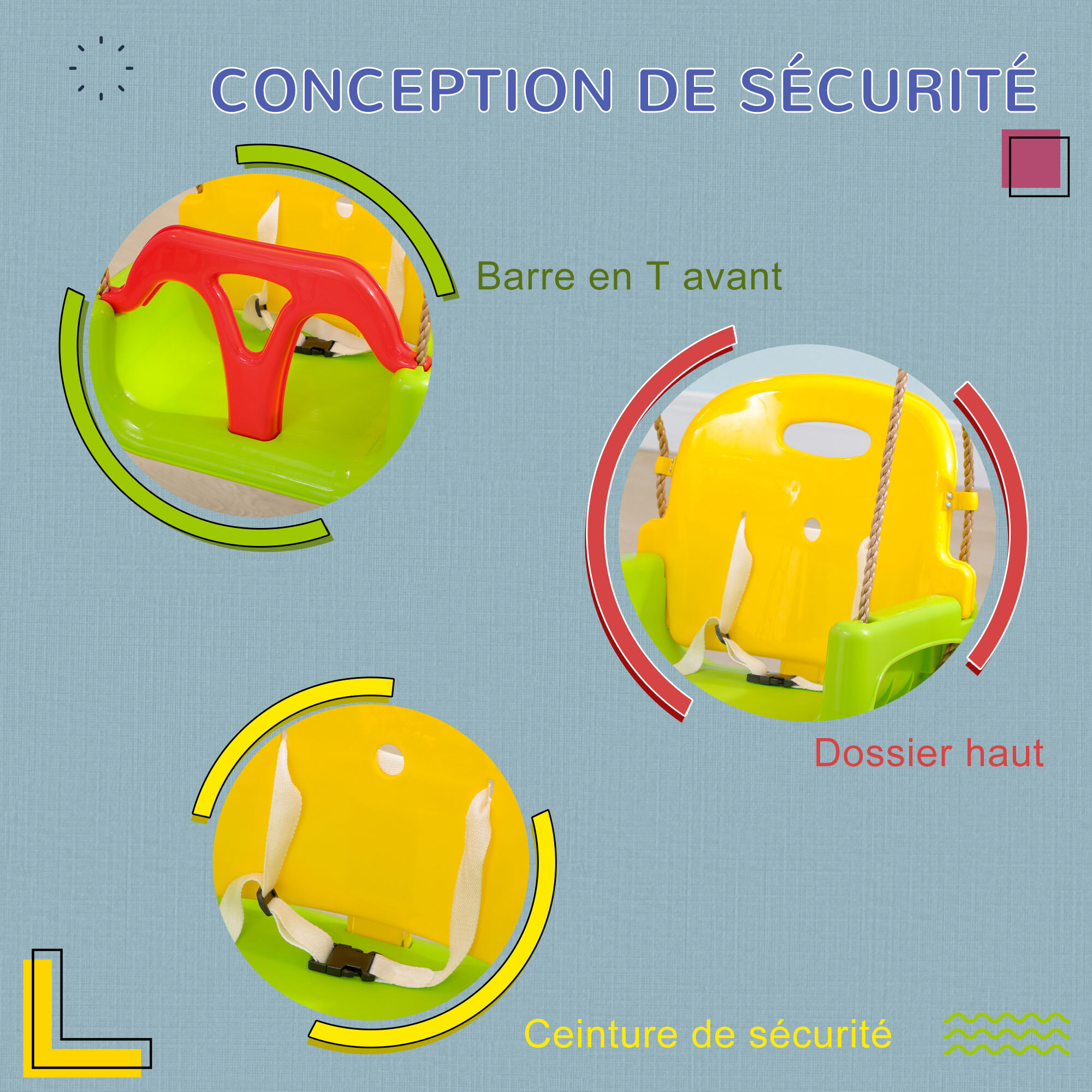 Balançoire siège 3 en 1 évolutif réglable enfant - dossier, barre en T amovibles, ceinture