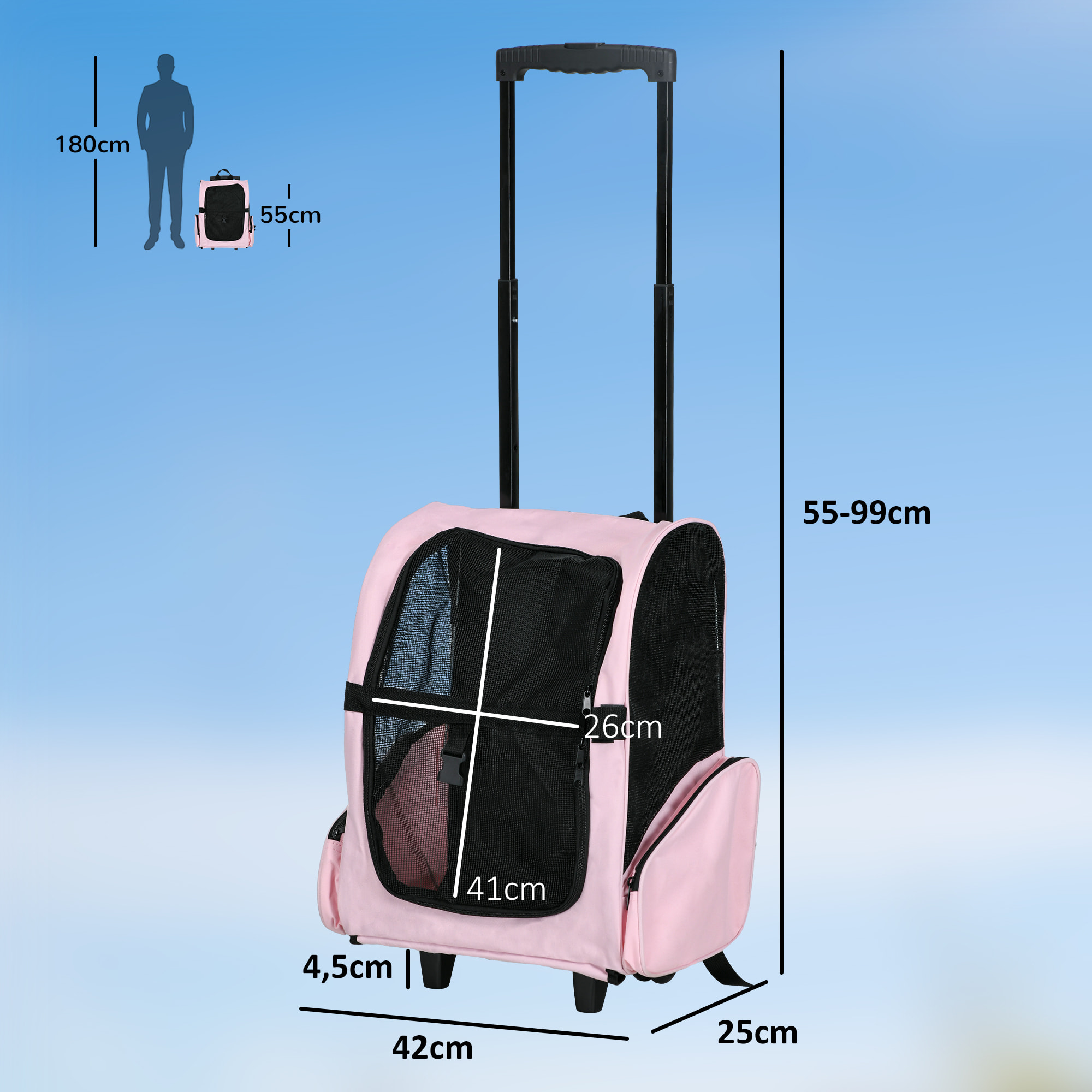 2 en 1 trolley chariot sac a dos sac de transport a roulettes pour chien chat rose