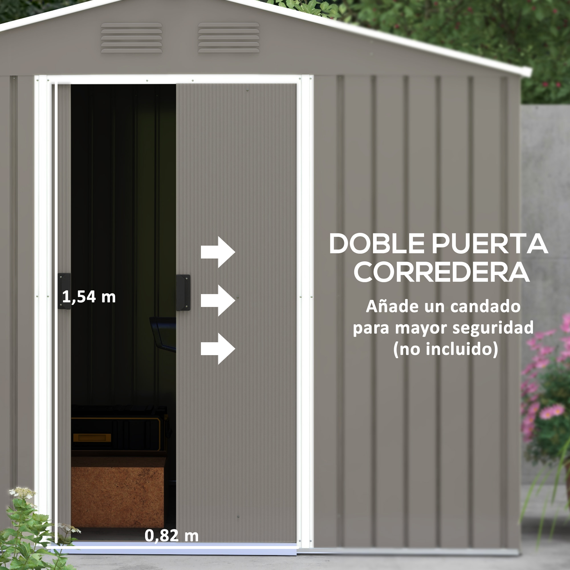 Caseta de Jardín Exterior 3,6 m² 236x174x190 cm Cobertizo de Jardín Exterior con 2 Puertas Correderas Techo Inclinado y 4 Ventanas para Patio Terraza Gris Claro