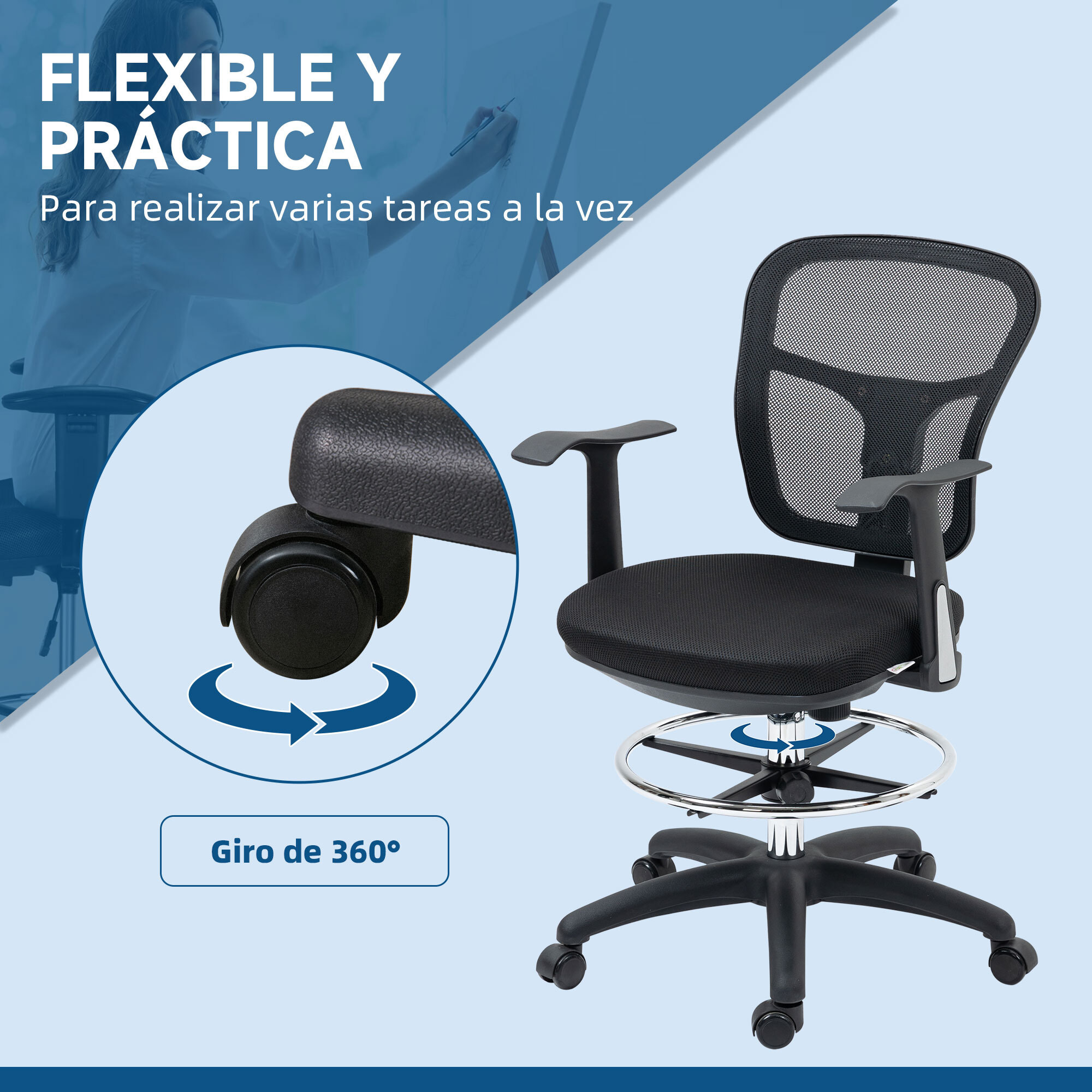 Silla de Dibujo Ergonómica de Malla Silla de Escritorio Giratoria con Reposabrazos Anillo de Reposapiés Ajustable y Altura del Asiento para Salón Oficina 59x59x95-115 cm Negro