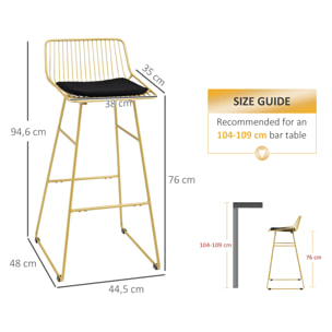 Conjunto de 2 Taburetes Altos de Cocina Sillas Altas de Cocina con Respaldo Cojín y Estructura de Acero Carga 120 kg para Bar Salón Comedor Dorado