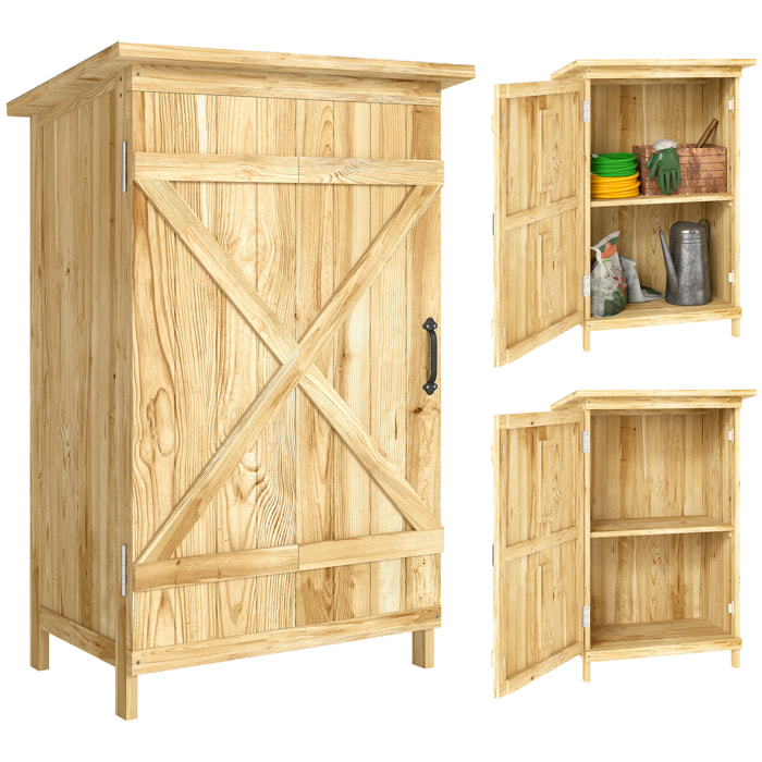 Caseta de Jardín de Madera 63,5x40x90 cm Cobertizo Jardín Exterior Armario para Almacenaje de Herramientas con 2 Estantes Puerta Estilo Granero y Techo de Acero Galvanizado Natural