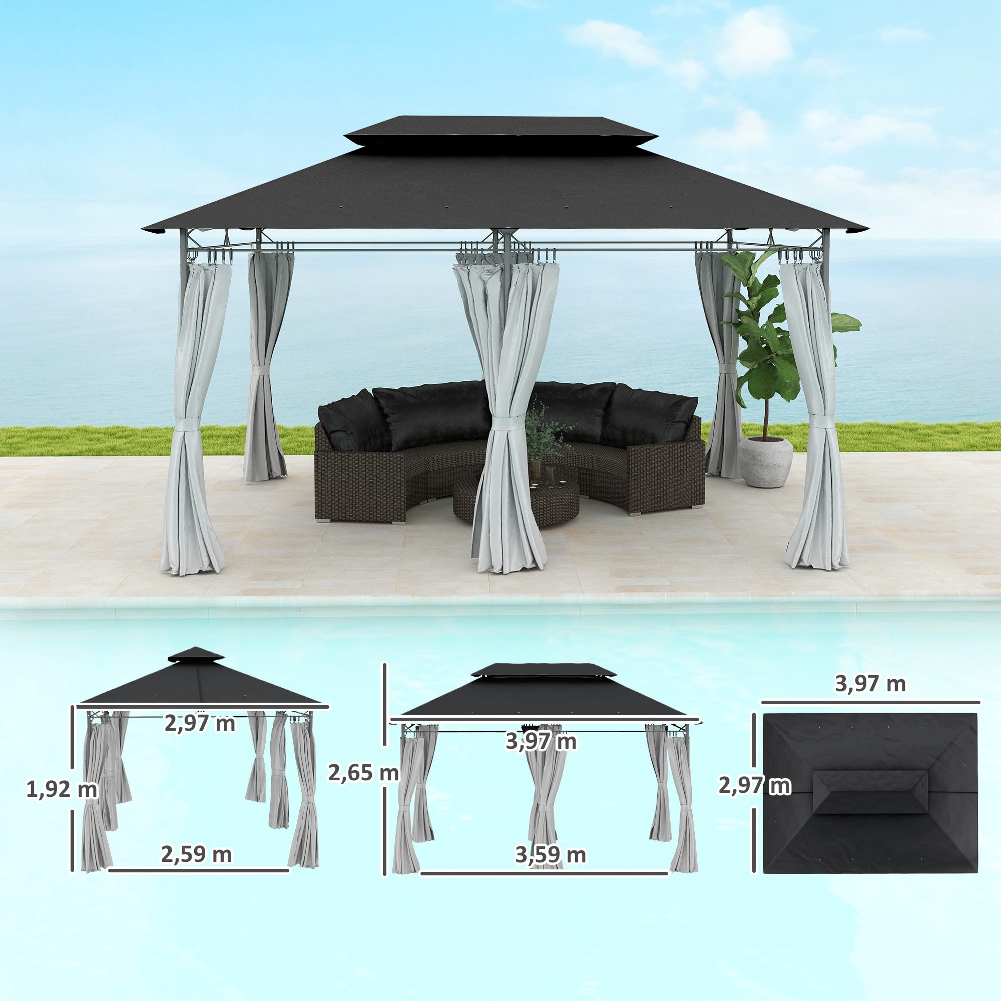 Cenador para Jardín 4x3 m Pérgola de Jardín Gazebo con Doble Techo Paredes Laterales Resistente al Agua Carpa para Exterior Terraza Patio Gris Oscuro