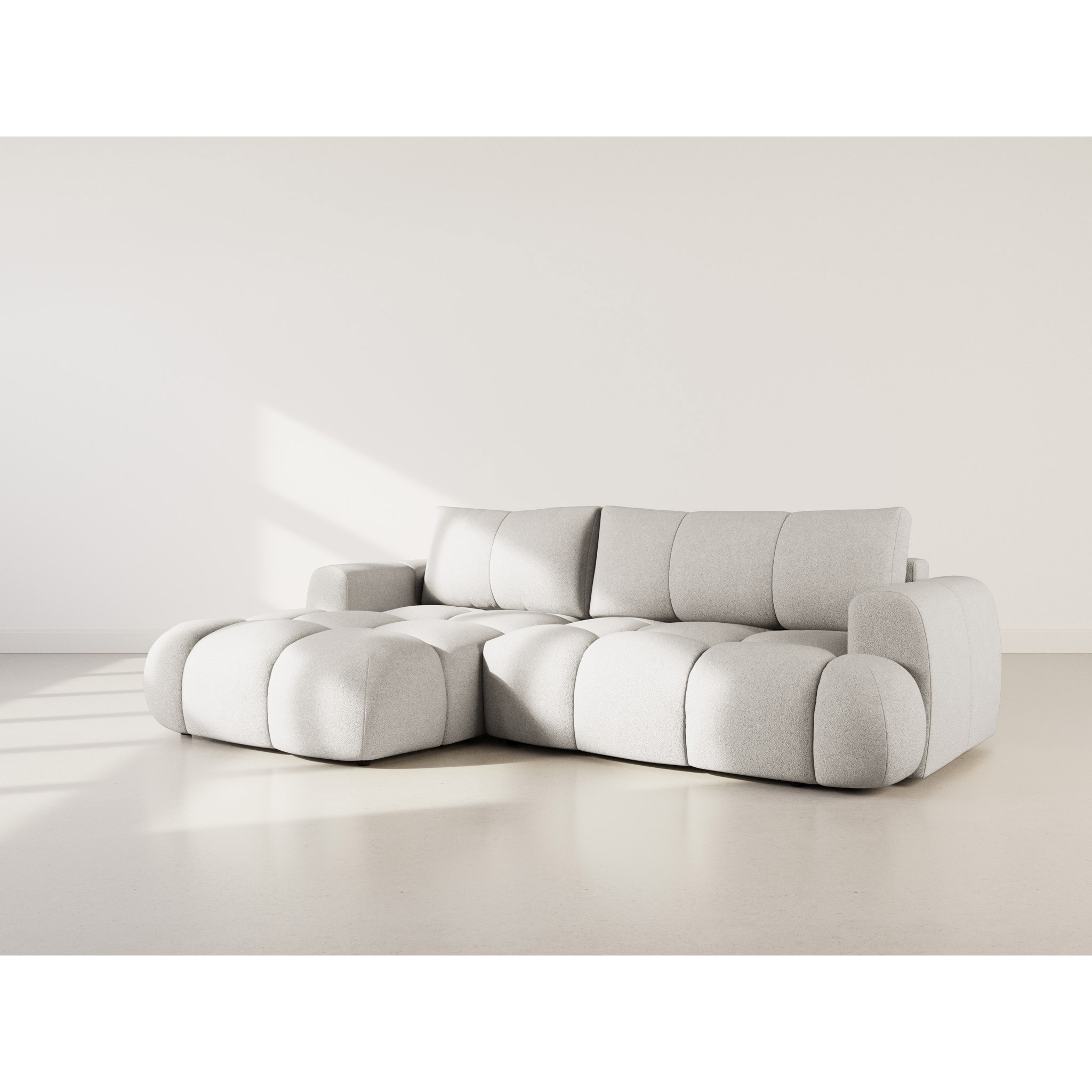 Yulin - Canapé d'angle gauche 4 places convertible avec coffre en tissu bouclette - Gris clair