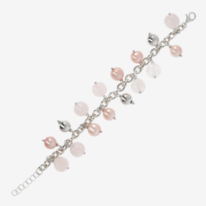 Bracciale con Catena Rolo e Charms in Quarzo Rosa e Perle d'Acqua Dolce Rosa Ø 10/10.5 mm