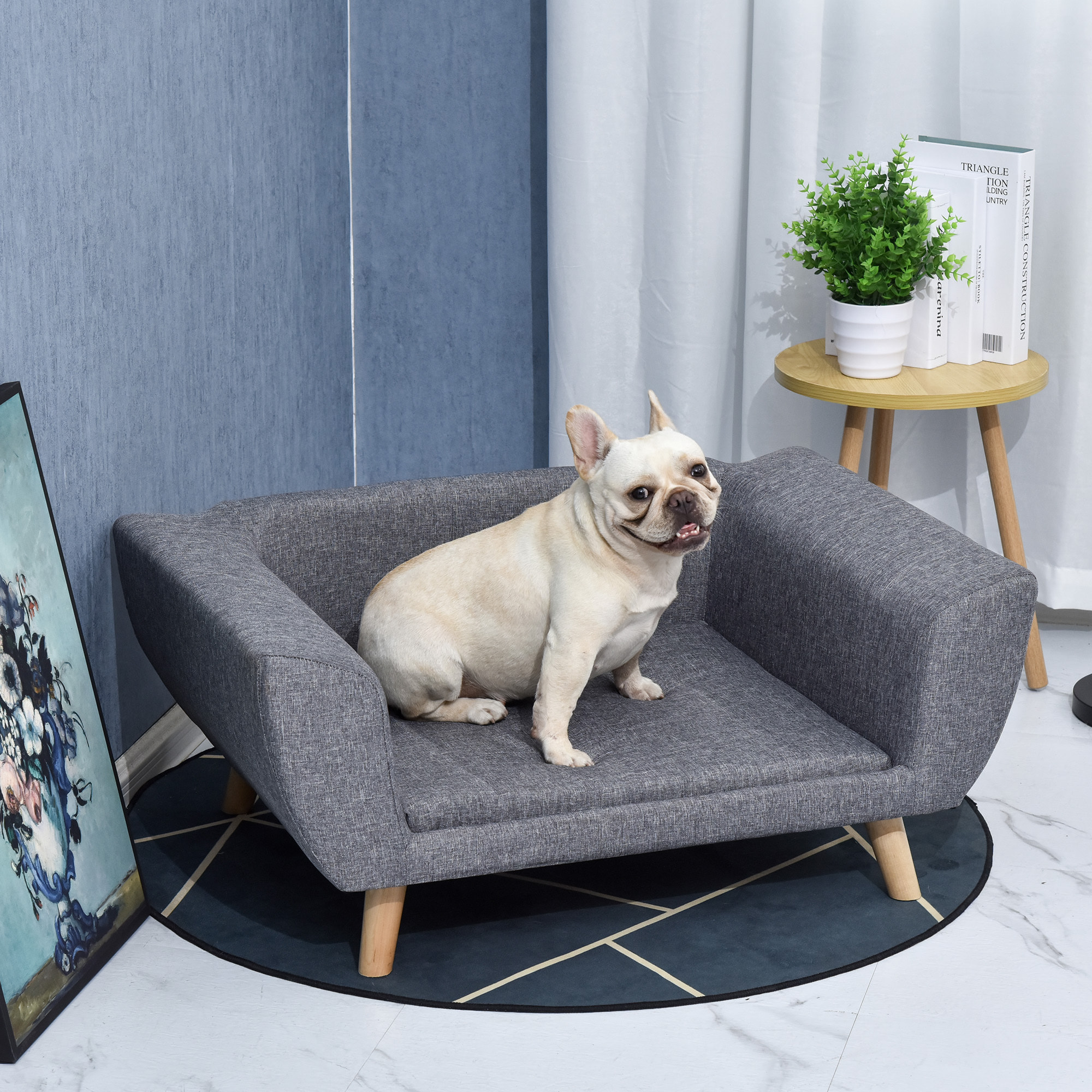 Canapé chien lit pour chien design scandinave coussin moelleux pieds bois massif dim. 87 x 61 x 36 cm polyester gris