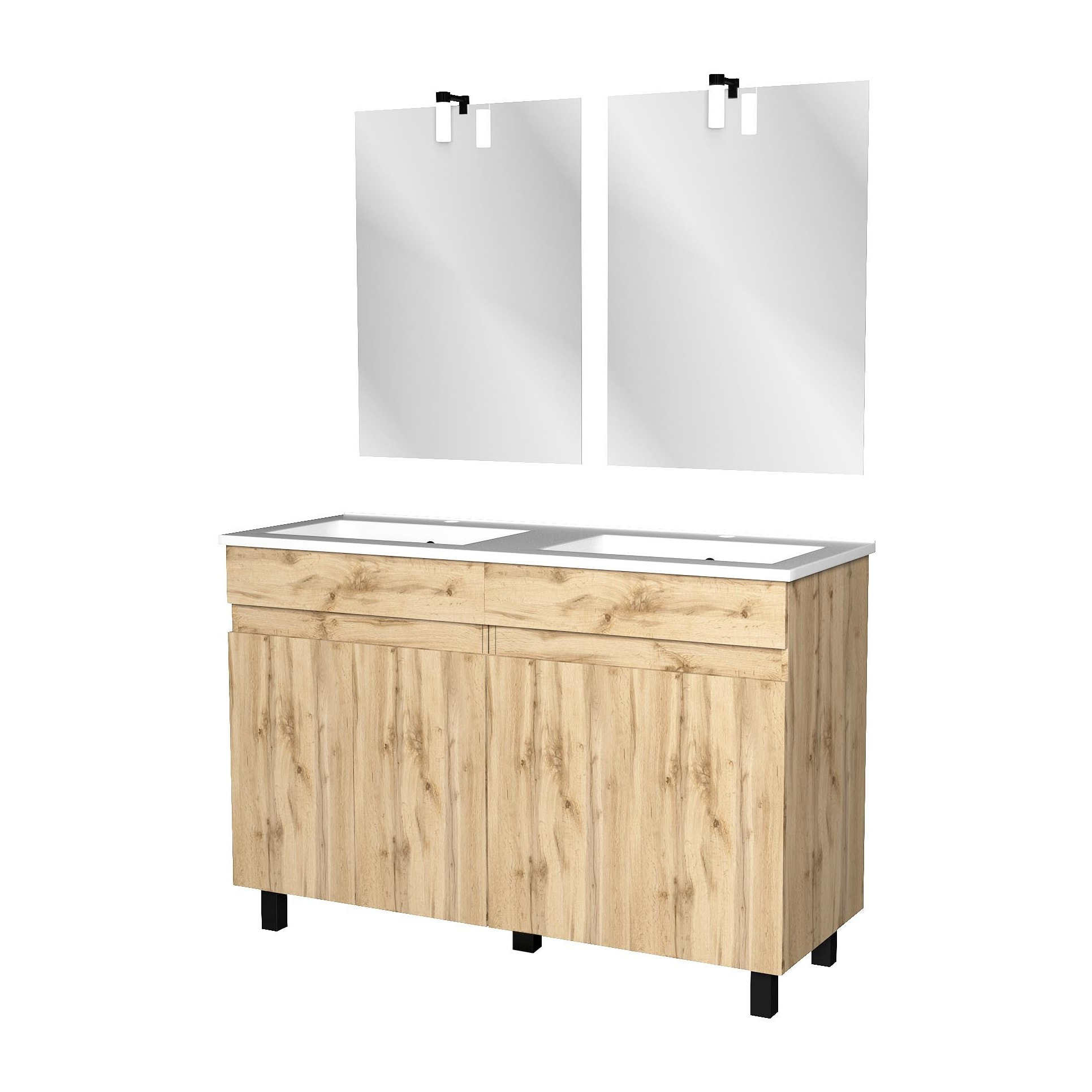 Meuble Salle de Bains 120cm 4 Portes Chêne Naturel + Vasque Blanche et Miroirs avec appliques Led