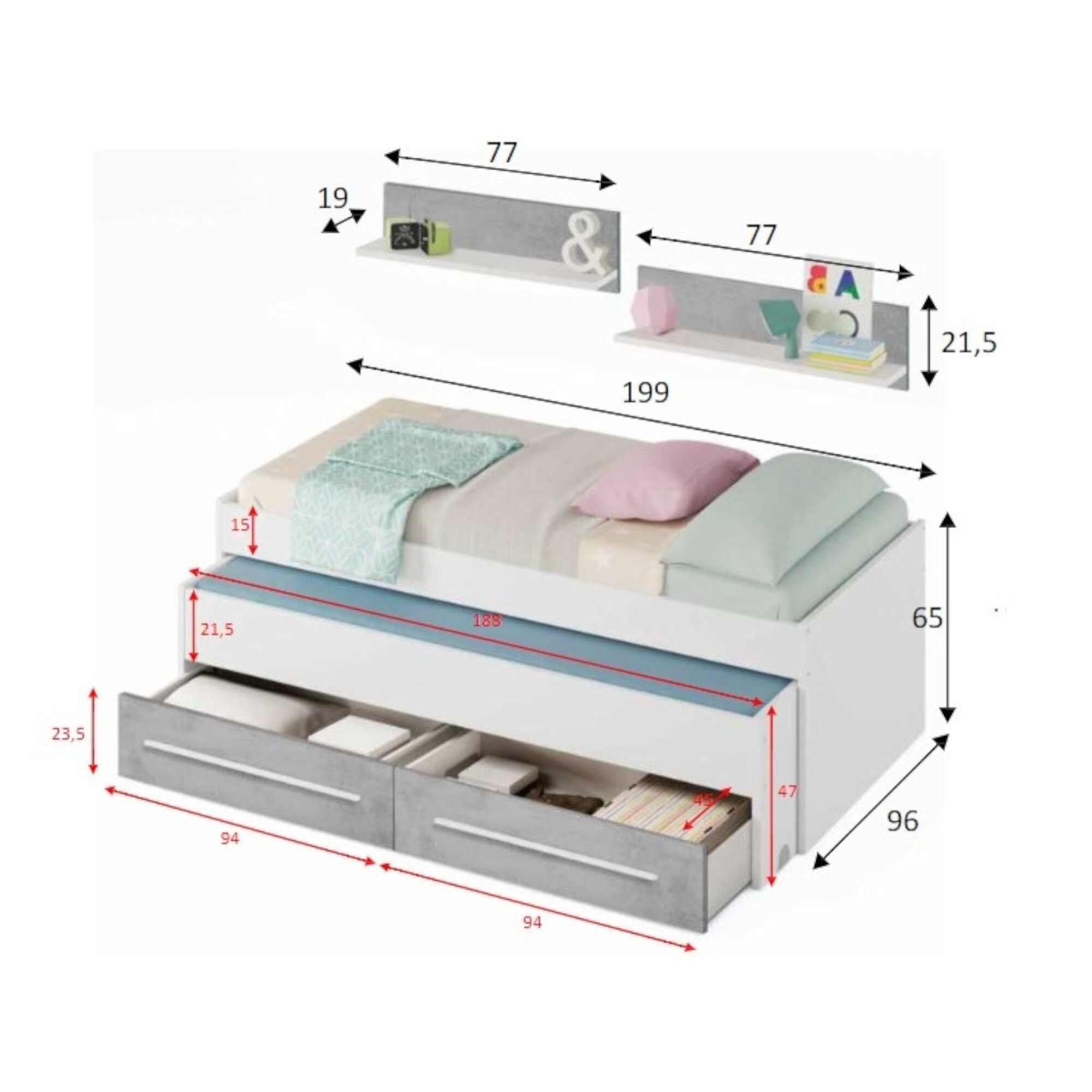 Letto singolo Fairfield, Struttura letto per cameretta, Letto singolo con lettino estraibile e 2 cassetti e mensola, cm 199x96h65, Bianco e Cemento