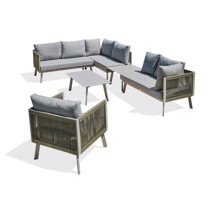 MANOSQUE - Salon de jardin d'angle 7 places en aluminium et corde