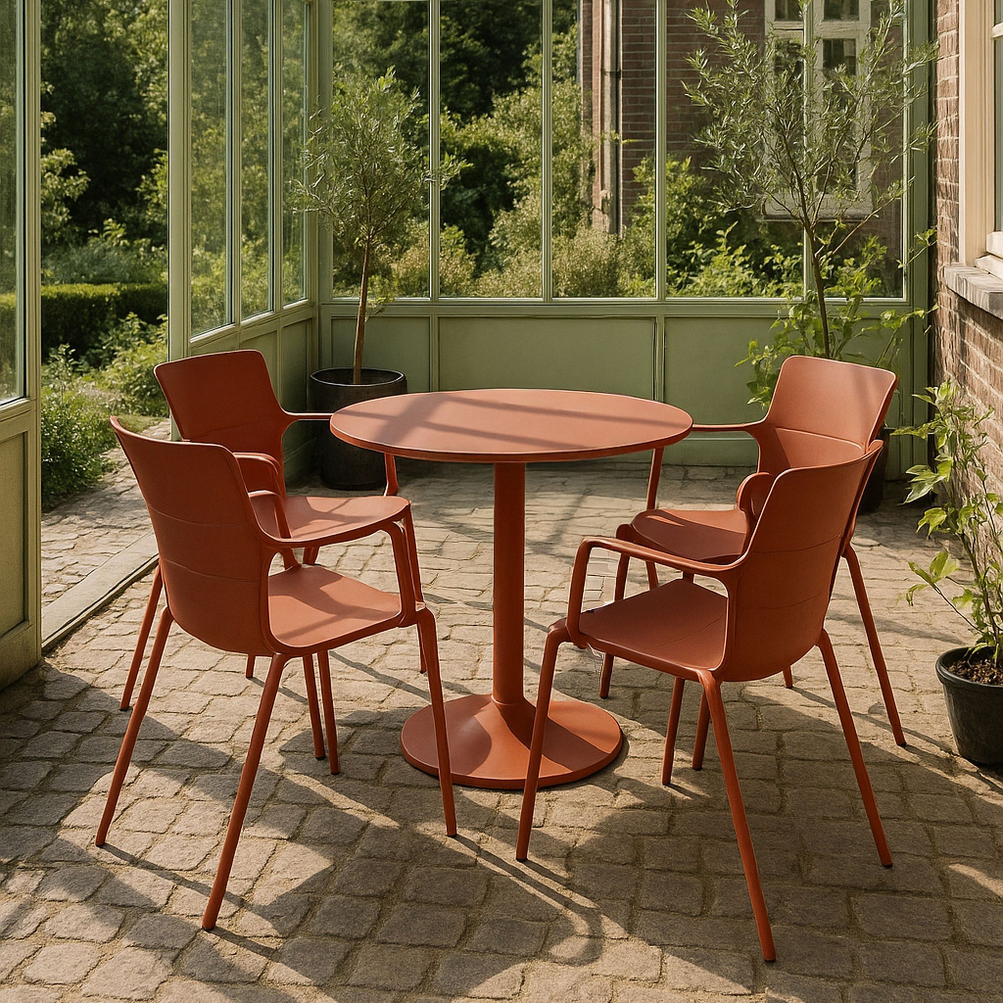 Ensemble de repas table et 4 fauteuils en polypropylène brique MONTAUK