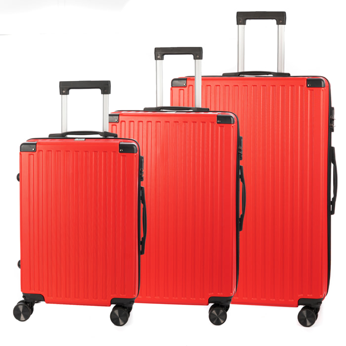 DAM Set di 3 valigie Trolley, in materiale leggero ABS ad alta resistenza con angoli rinforzati. Chiusura numerica e 4 ruote doppie rimovibili e girevoli a 360°. 51x30x77 Cm. Colore: Rosso