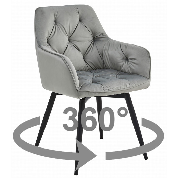 Sedia girevole Jork in velluto grigio argento con gambe nere