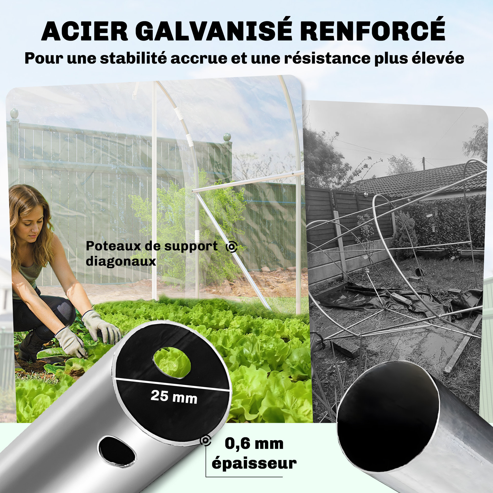 Serre tunnel de jardin 6 m² - 2 grandes portes enroulables - acier galvanisé bâche transparente