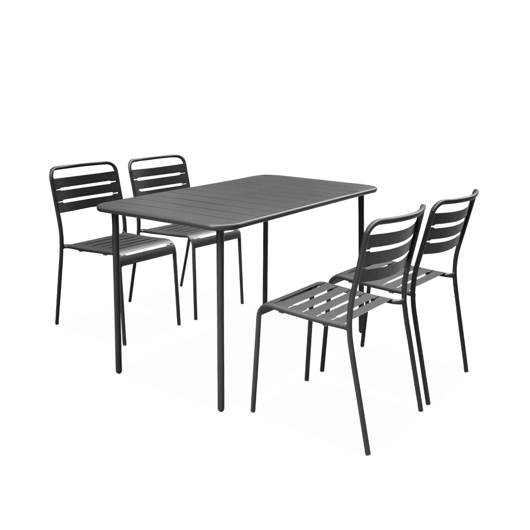 Table de jardin métal + 4 assises anthracite en acier. Amelia. 120 x 70 x 72.5 cm