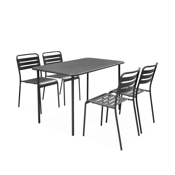 Table de jardin métal + 4 assises anthracite en acier. Amelia. 120 x 70 x 72.5 cm
