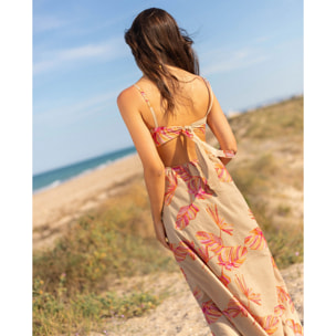 Vestido midi con bordado floral, espalda descubierta y lazada ajustable.