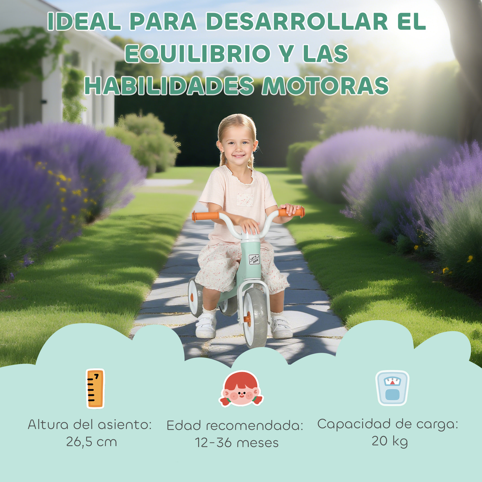 Bicicleta sin Pedales para Niños de 12 a 36 Meses, Bicicleta de Equilibrio con Ruedas Silenciosas y Resistentes a Pinchazos, Manillares con Giro Limitado a 60°, Verde