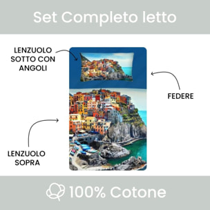 Completo lenzuola una piazza e mezza in cotone con stampa alta qualità, set letto con lenzuolo sopra, sotto con angoli e federa, morbido e traspirante per pelli sensibili, colori brillanti e durevoli, certificato OEKO-TEX, comfort quotidiano