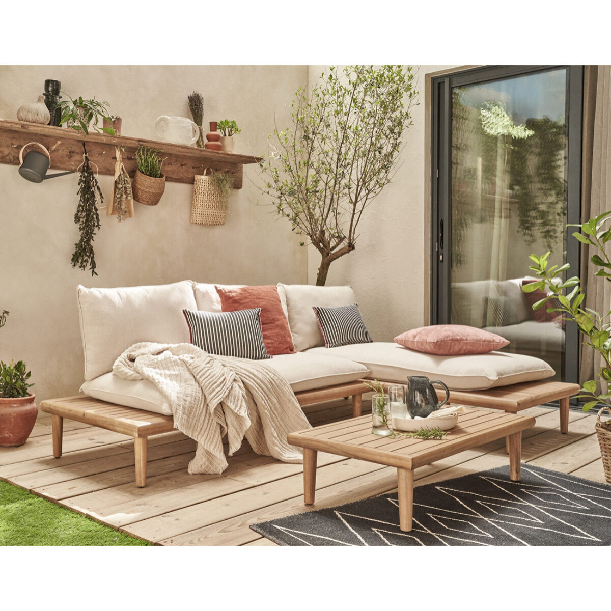 Papeete - salon bas de jardin 4 places + table - bois d'acacia et coussins beiges - Bois / Beige