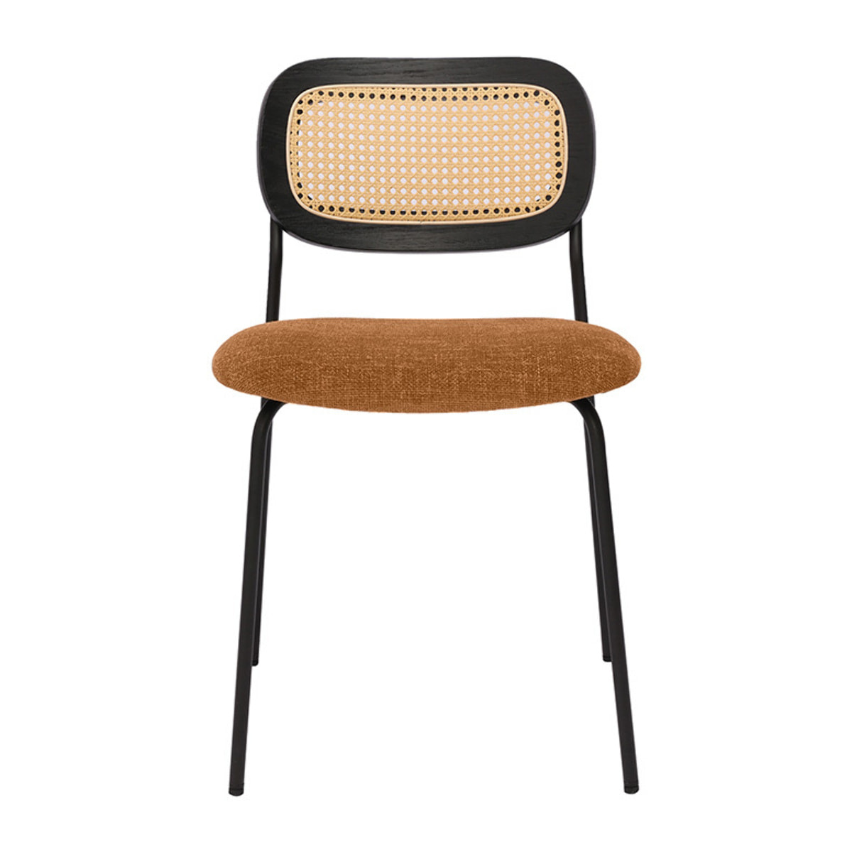 Chaises design en tissu effet velours texturé terre brulée, métal noir et cannage rotin (lot de 2) MIRANDA
