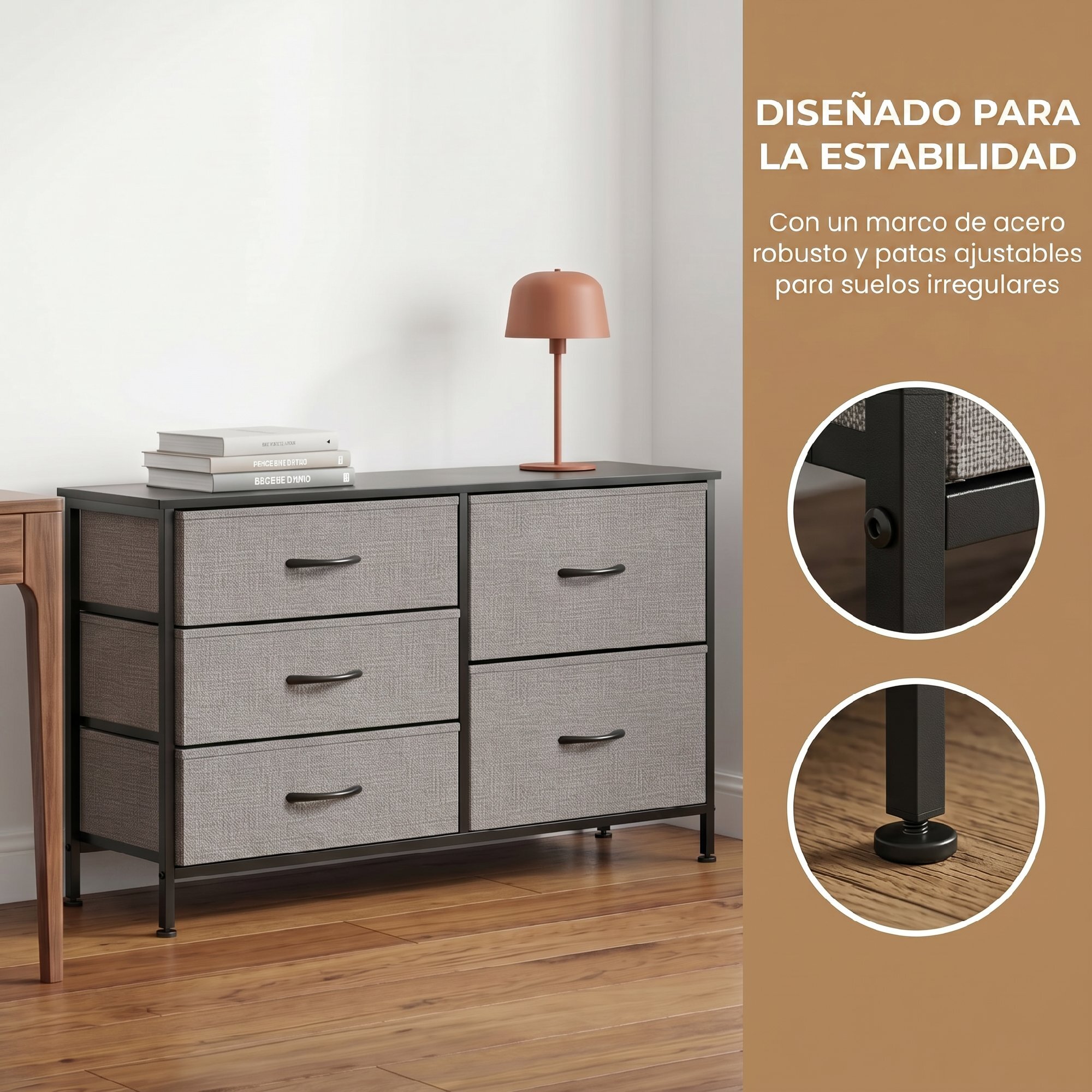 Cómoda con 5 Cajones de Tela, Cómoda para Dormitorio, Marco de Acero, Cajonera para Salón, Oficina, Vestidor, Negro y Gris Oscuro