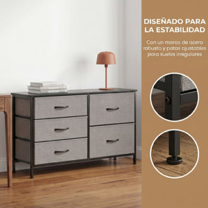Cómoda con 5 Cajones de Tela, Cómoda para Dormitorio, Marco de Acero, Cajonera para Salón, Oficina, Vestidor, Negro y Gris Oscuro