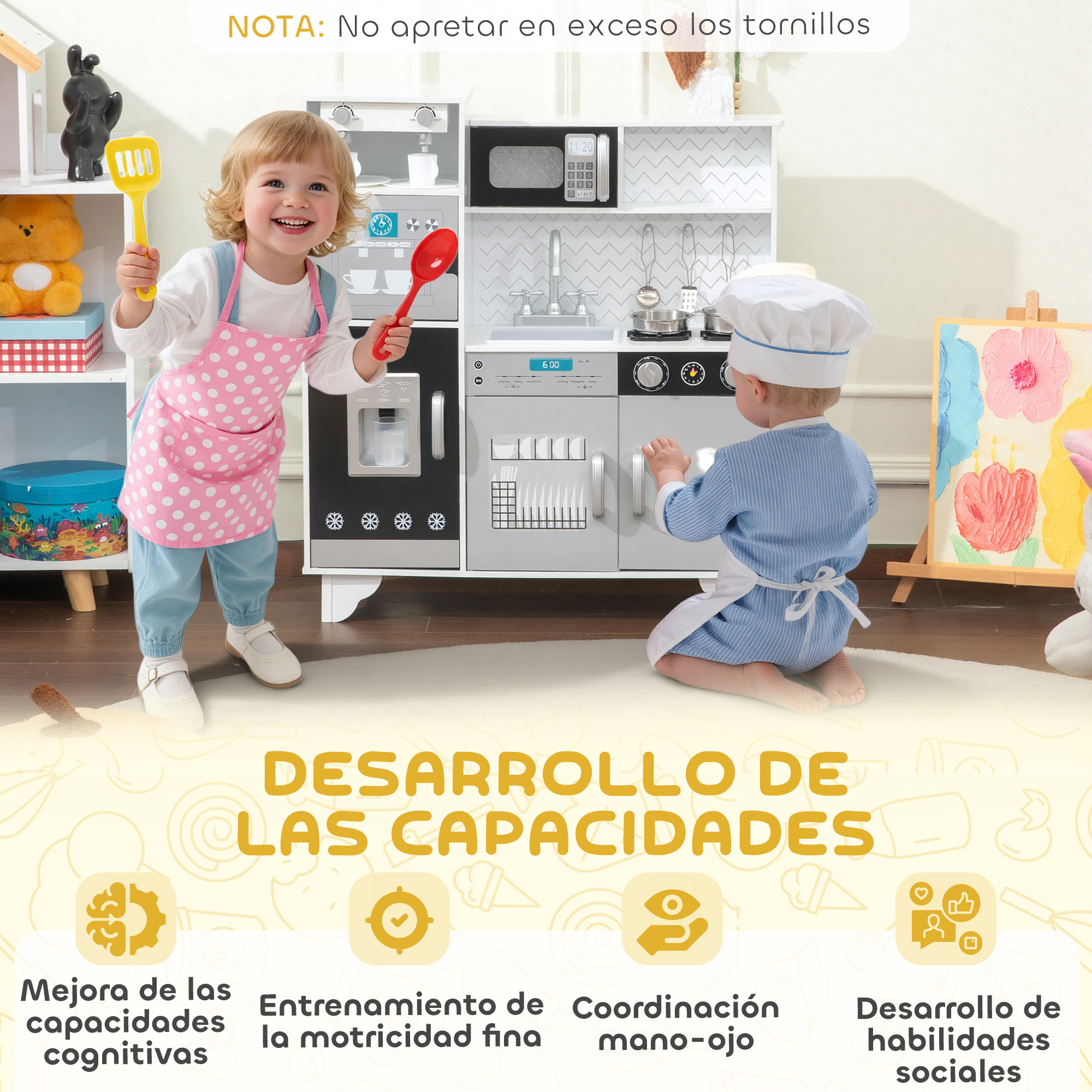 Cocina de Juguete de Madera con Sonido, Cocinita Infantil con Accesorios de Acero Inoxidable, Microondas, Máquina de Hielo, Cafetera, Lavavajillas, 79,5x24x83,8 cm, Blanco