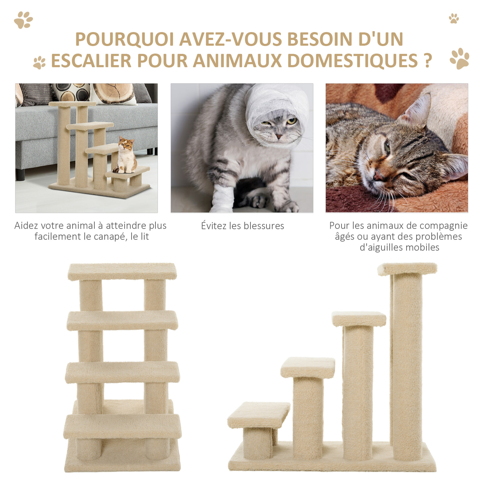 Escalier pour chat - escalier pour chien - 4 marches - revêtement flanelle grande douceur haute densité - structure panneaux particules - beige