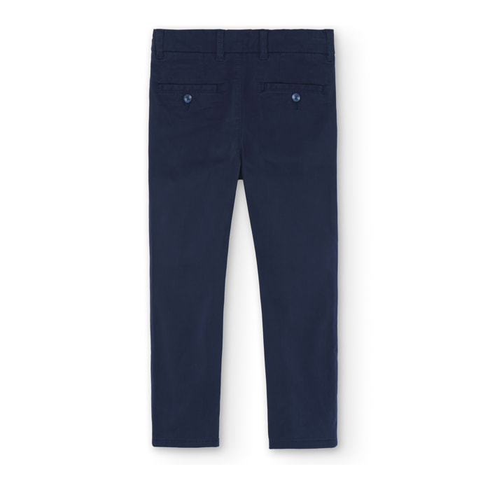 Pantalón elástico niño liso, satén, azul, cierre botón