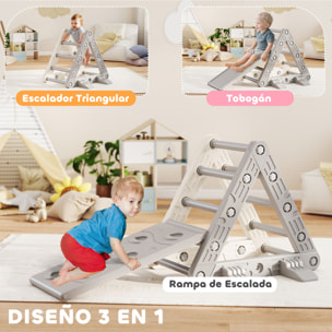 Triángulo de Escalada 3 en 1 con Tobogán y Rampa Escalador, Juguete de Escalada para Niños de 18-48 Meses, de Plástico, para Interior y Exterior, Gris y Blanco