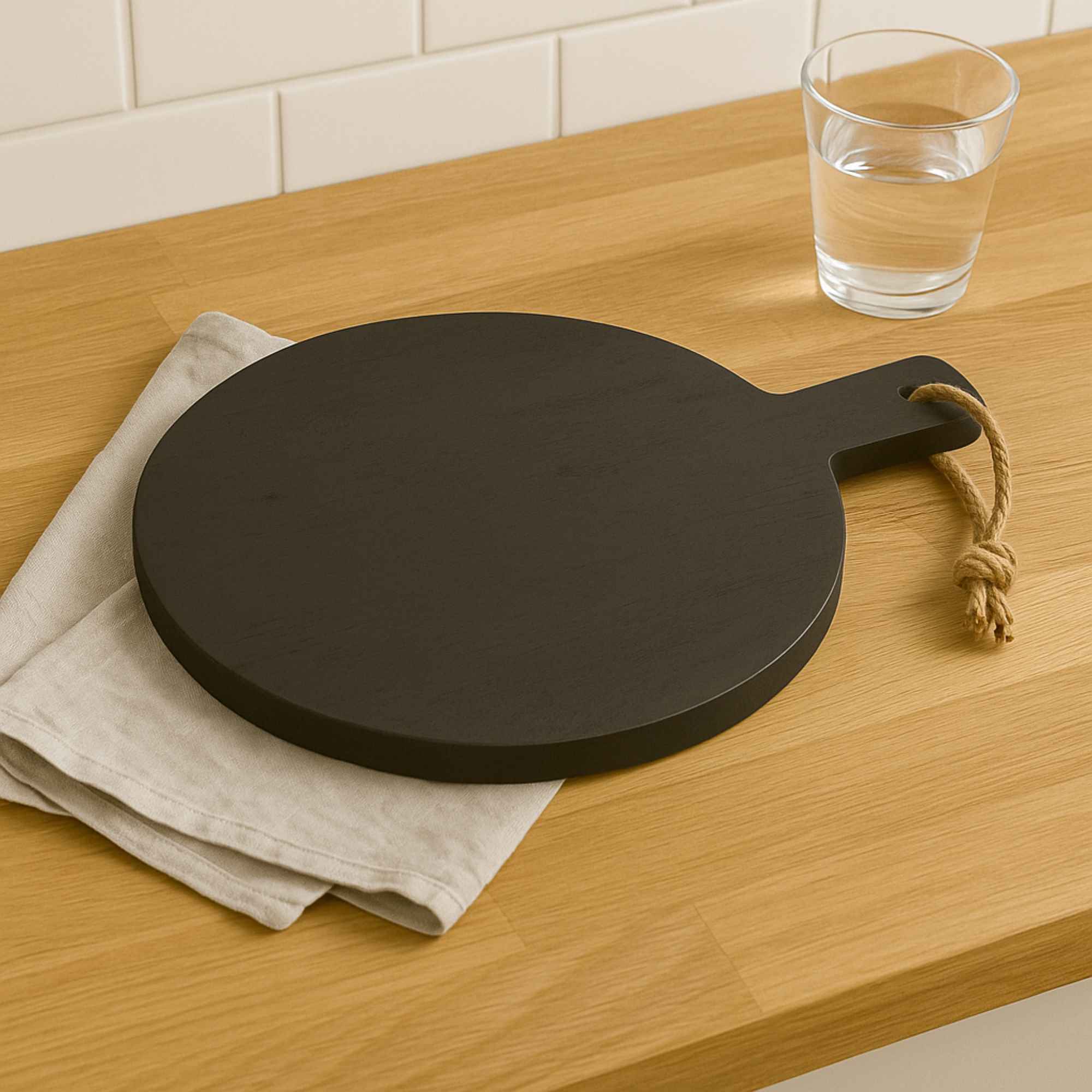 Tabla de cortar redonda con mango de madera de caucho Ideal para alimentos Ø40cm