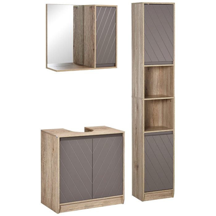 Conjunto de Baño Incluye 1 Mueble para Debajo del Lavabo 1 Armario de Baño con Espejo y 1 Columna de Baño con Estante Ajustable Roble y Gris