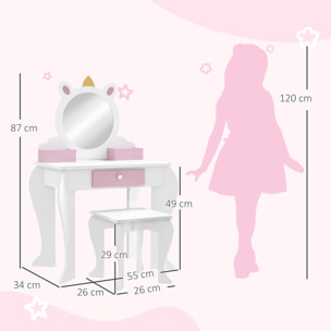 Tocador Infantil con Taburete y Espejo, Tocador para Niñas con Cajón, Compartimentos, Diseño de Unicornio, Mesa de Maquillaje para Niños y Niñas de 3-6 Años, Blanco