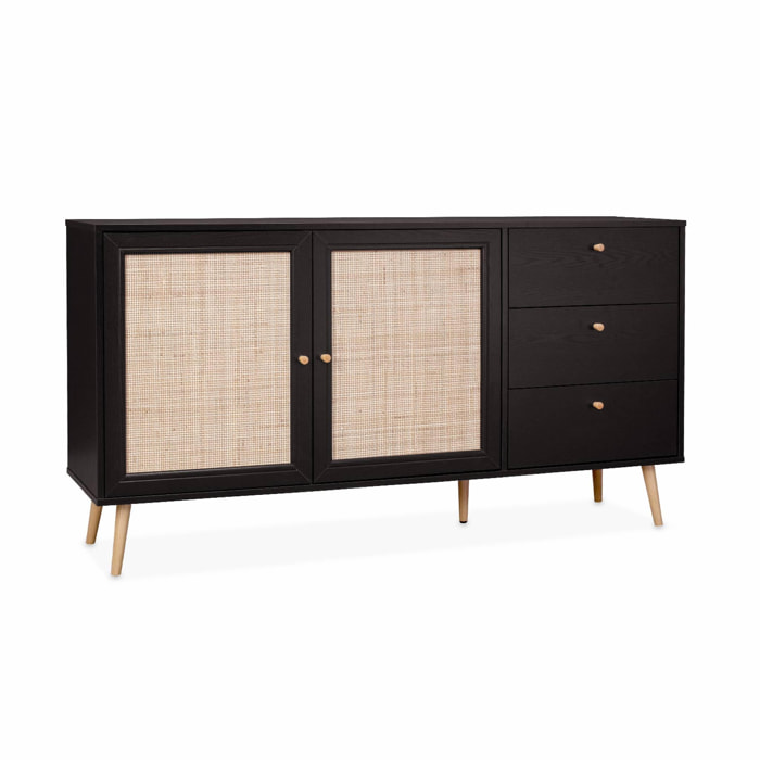 Buffet de rangement noir en cannage 2 portes 3 tiroirs L150 x l39 x H79cm - Bohème