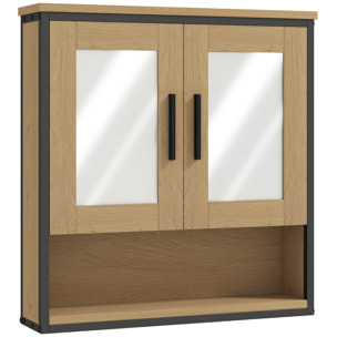 Armoire miroir murale salle de bain - 2 portes, étagère, niche - acier noir effet bois