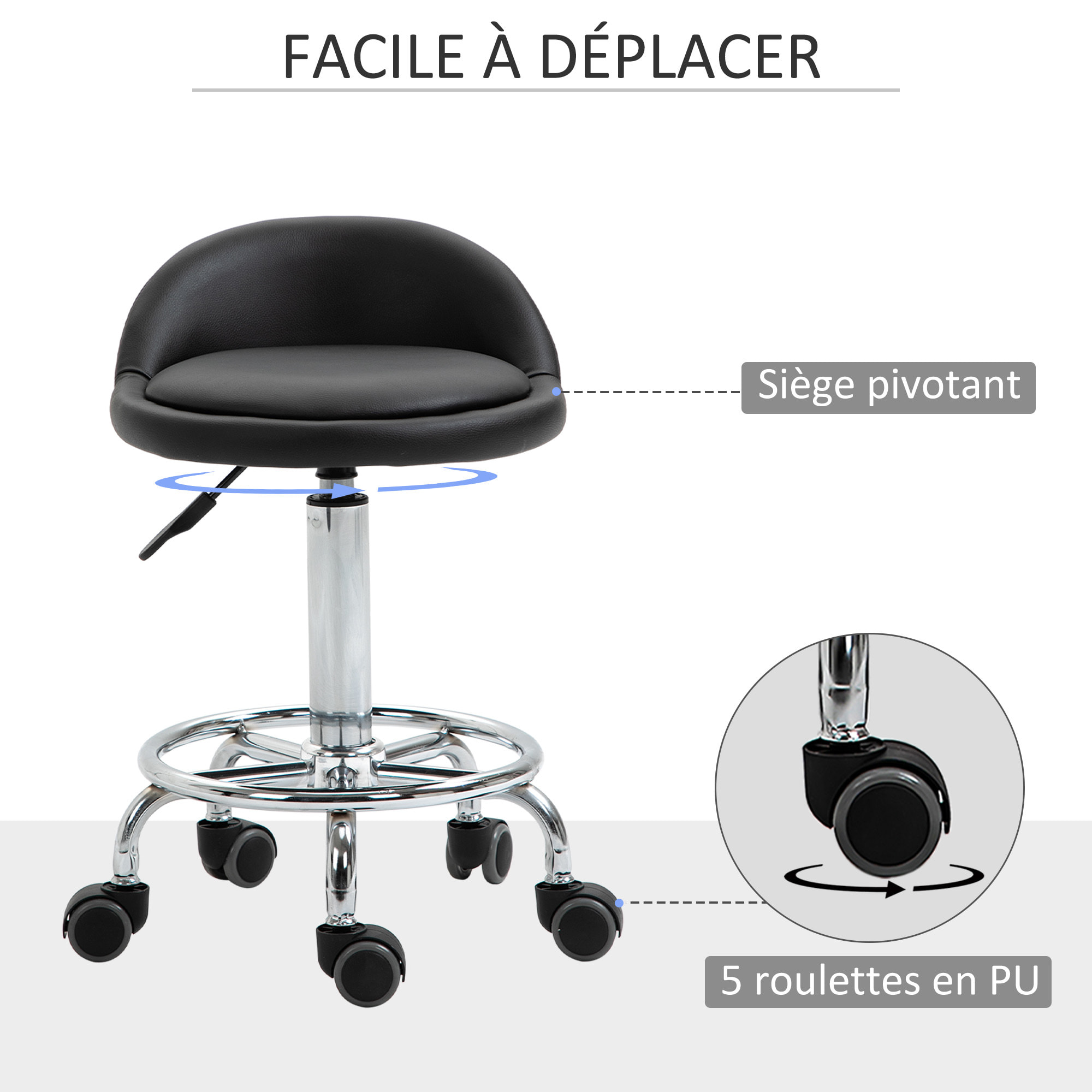 Lot de 2 tabourets de travail massage réglables - dossier ergonomique - acier chromé PU noir