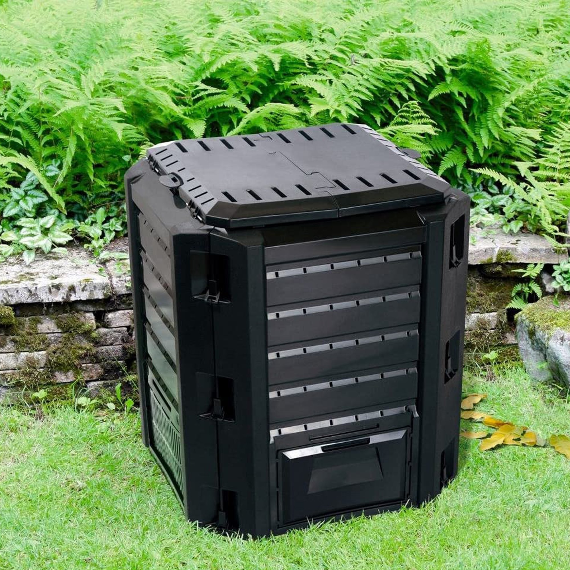 Compostador 380 l prosperplast compogreen de plástico en color negro, 82,6 (alto) x 71,9 (ancho) x 71,9 (profundo) cms