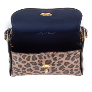 Aquileia bolso de mano mujer. Piel auténtica Gamuza con estampado animal print leopardo lacada brillante.