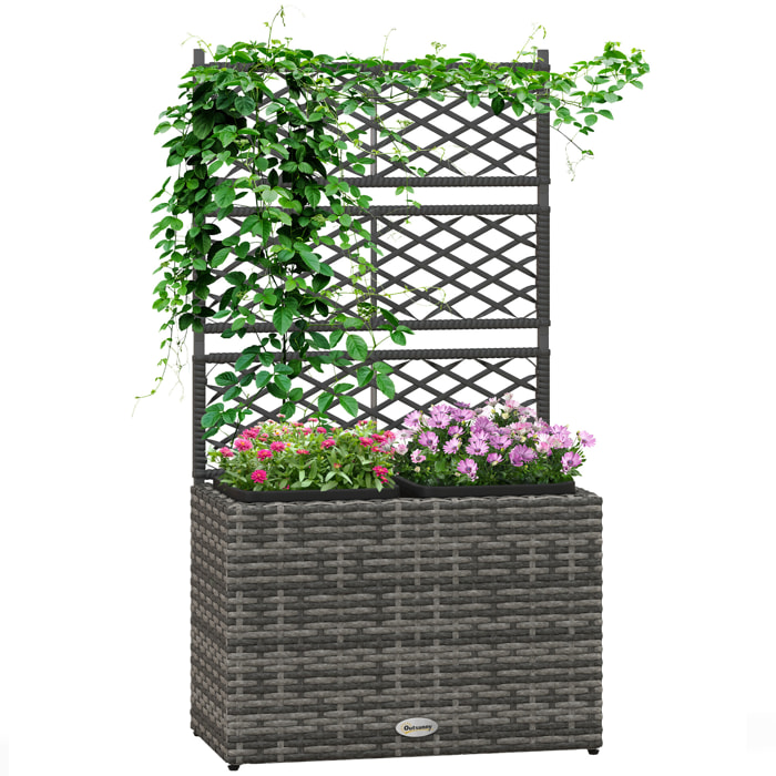 Jardinière avec treillis dim. 57L x 30l x 107H cm 2 bacs inserts d'irrigation inclus PE imitation rotin tressé gris