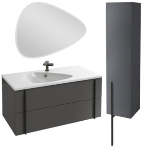 Meuble de salle de bain 100 cm Nouvelle Vague gris brillant + colonne version droite + miroir