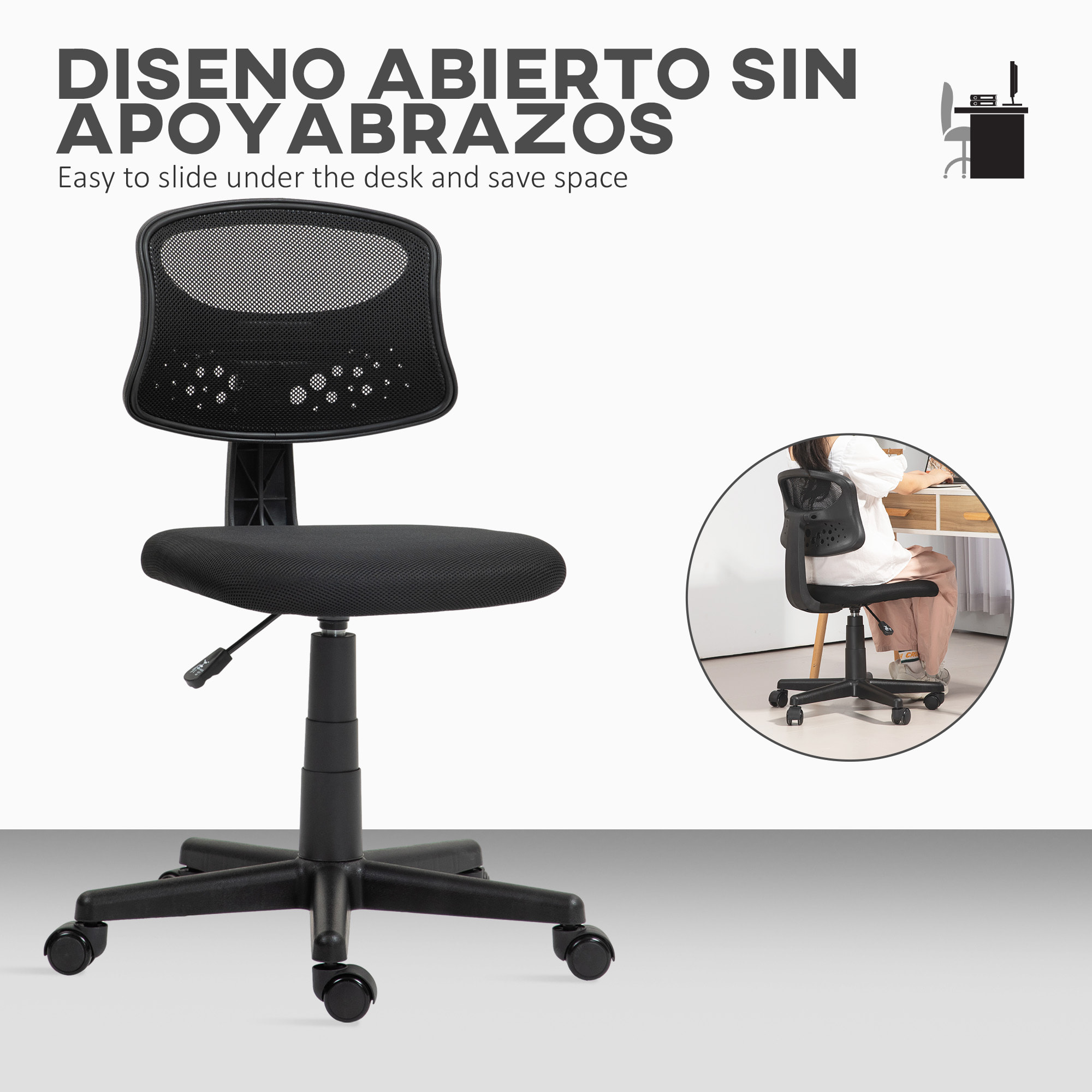 Silla de Oficina sin Brazos Silla de Escritorio Giratoria con Respaldo de Malla Transpirable Altura Ajustable Silla de Despacho Carga 120 kg Negro