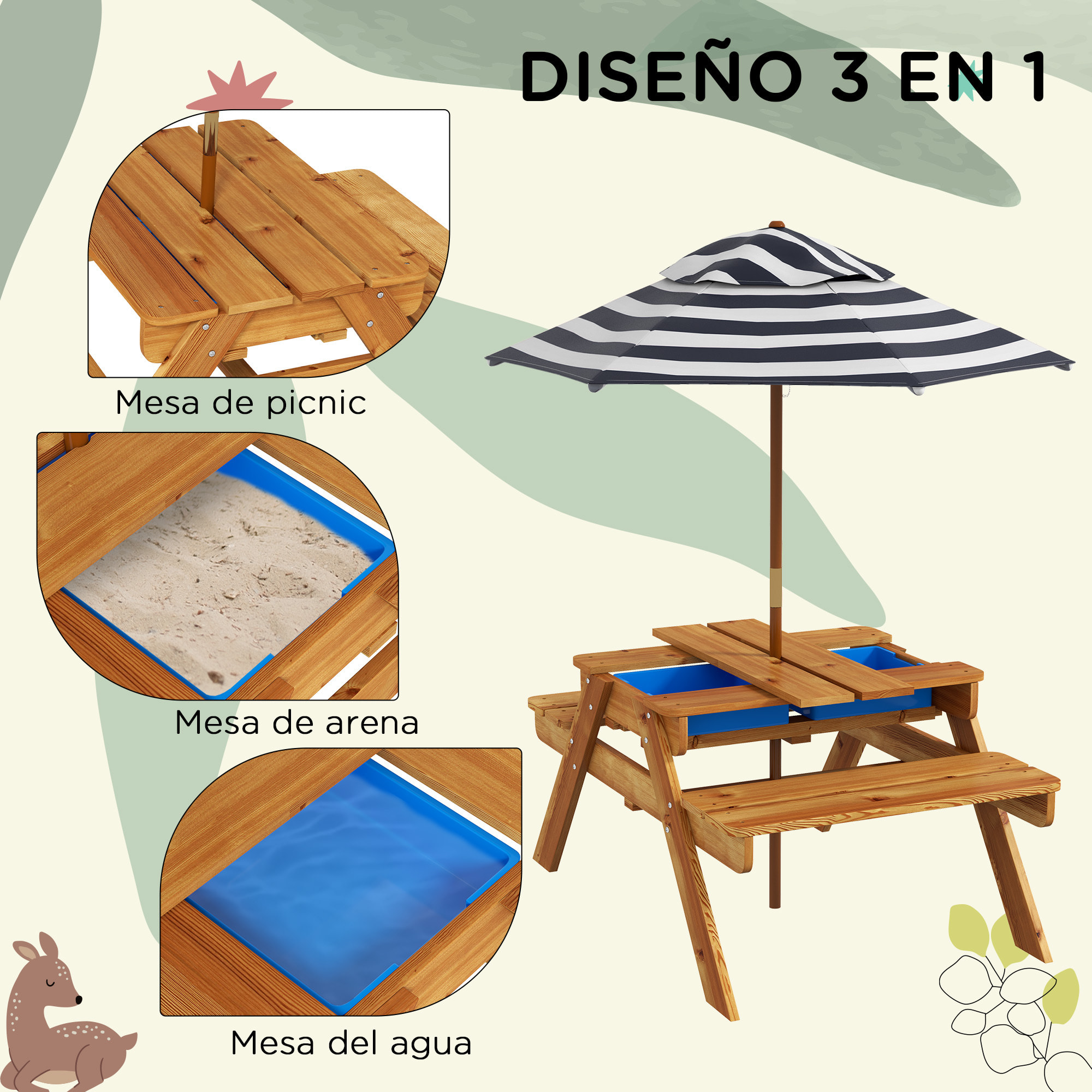 Mesa de Picnic para Niños de Madera Mesa y 2 Bancos Infantiles con Sombrilla y Arenero para Jardín Patio 89x80,5x142,5 cm Teca
