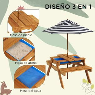 Mesa de Picnic para Niños de Madera Mesa y 2 Bancos Infantiles con Sombrilla y Arenero para Jardín Patio 89x80,5x142,5 cm Teca
