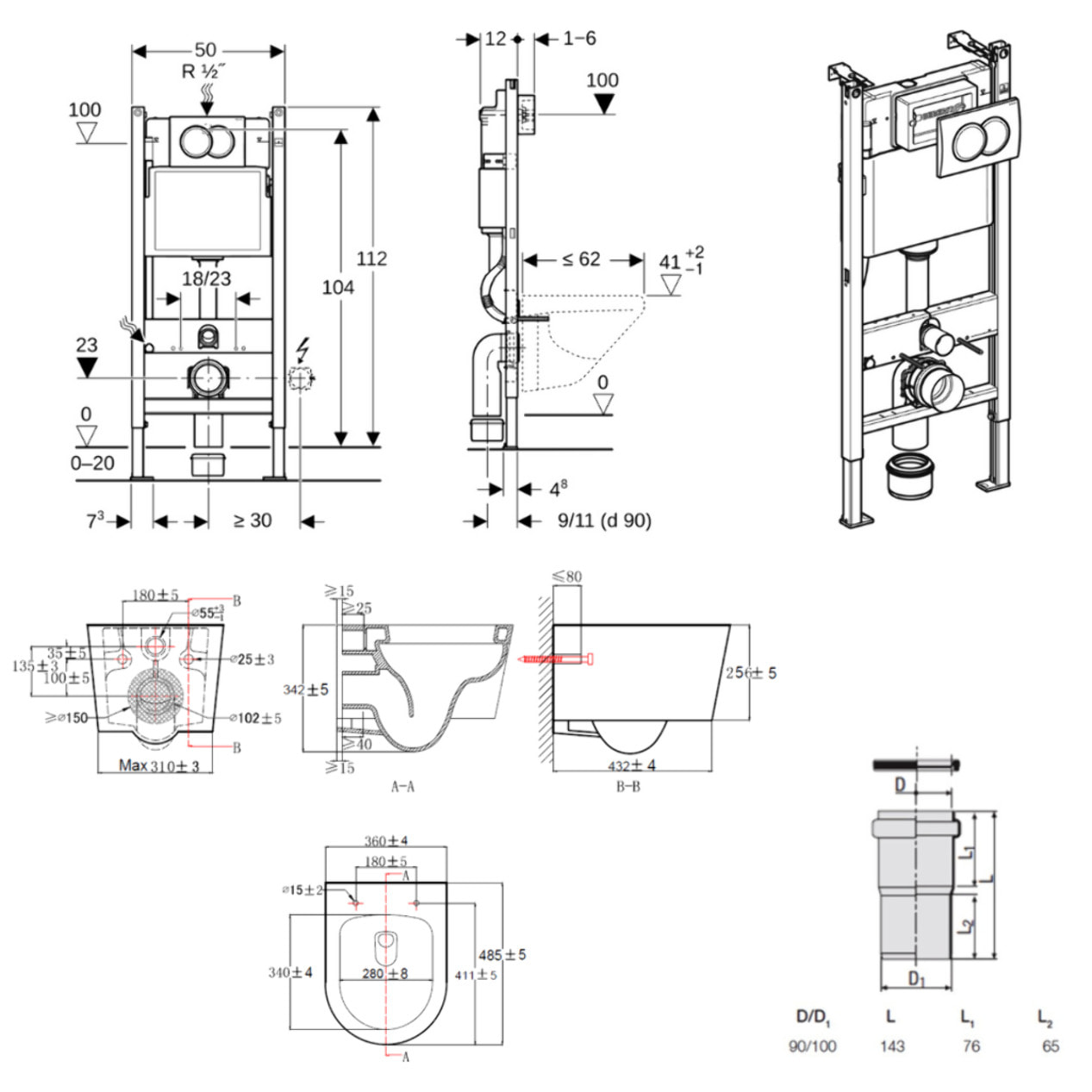 Duofix Pack WC bâti 112 cm + WC suspendu sans bride avec abattant SoftClose Swiss Aqua Technologies + plaque (GEBSTBRWR01MAN-FR)